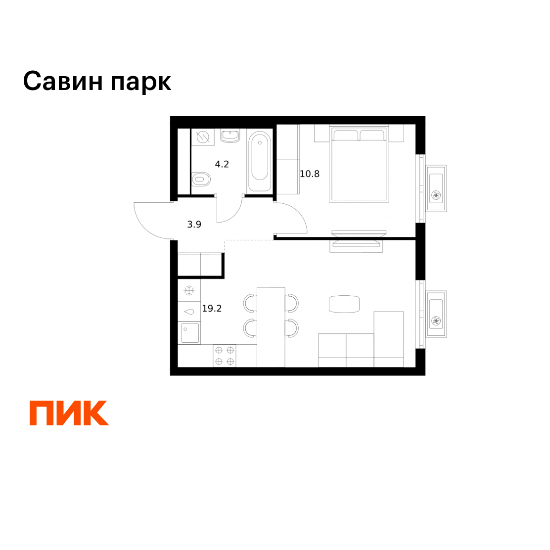 1-комнатная 38 м2 в ЖК Савин парк корпус null этаж 13