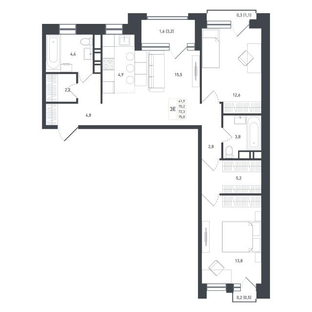 3-комнатная 75 м2 в ЖК Новая Щербинка корпус null этаж 5