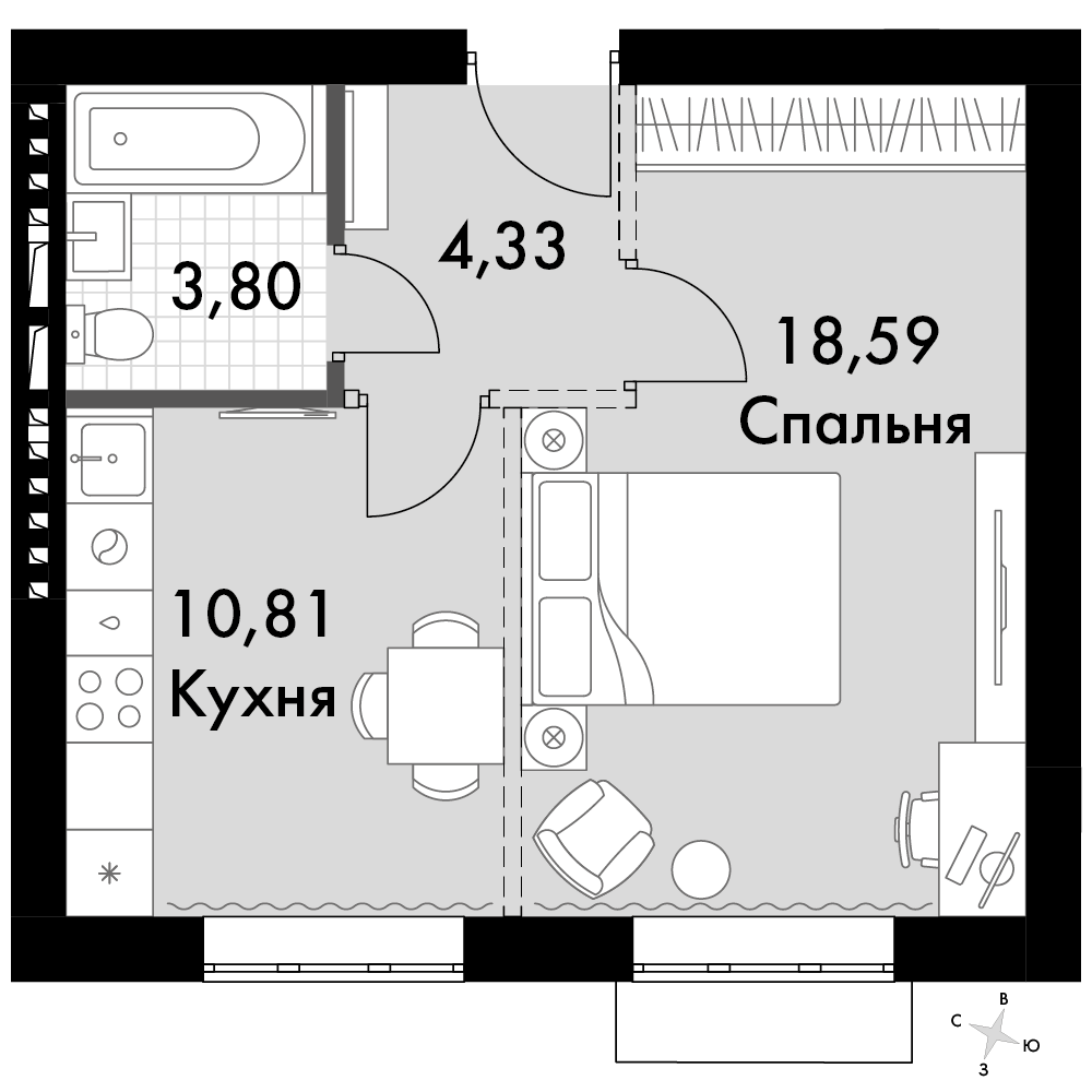 1-комнатная 36 м2 в ЖК Жаворонки Клаб корпус null этаж 3