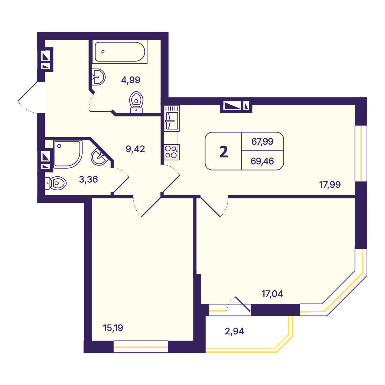 2-комнатная 69 м2 в ЖК Астон. Шесть звезд корпус null этаж 6