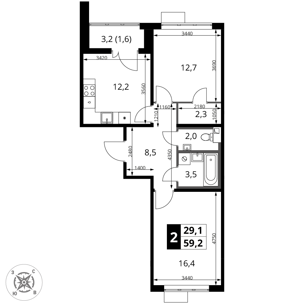 2-комнатная 59 м2 в ЖК 1-й Шереметьевский корпус null этаж 11