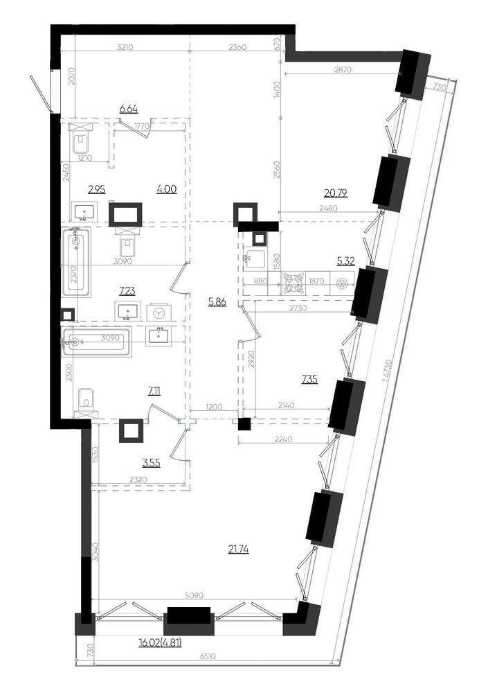 2-комнатная 97 м2 в ЖК Яналиф корпус null этаж 12