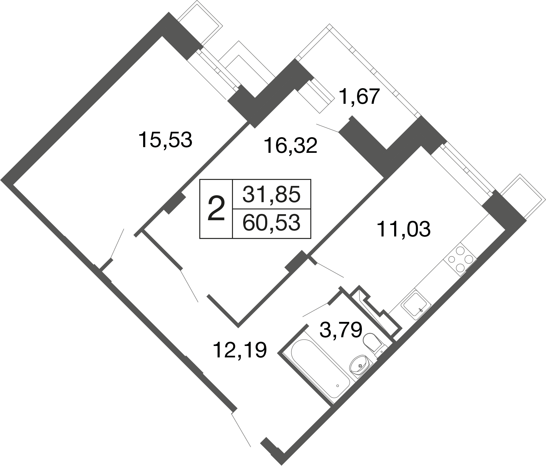 2-комнатная 60 м2 в ЖК Времена года корпус null этаж 1