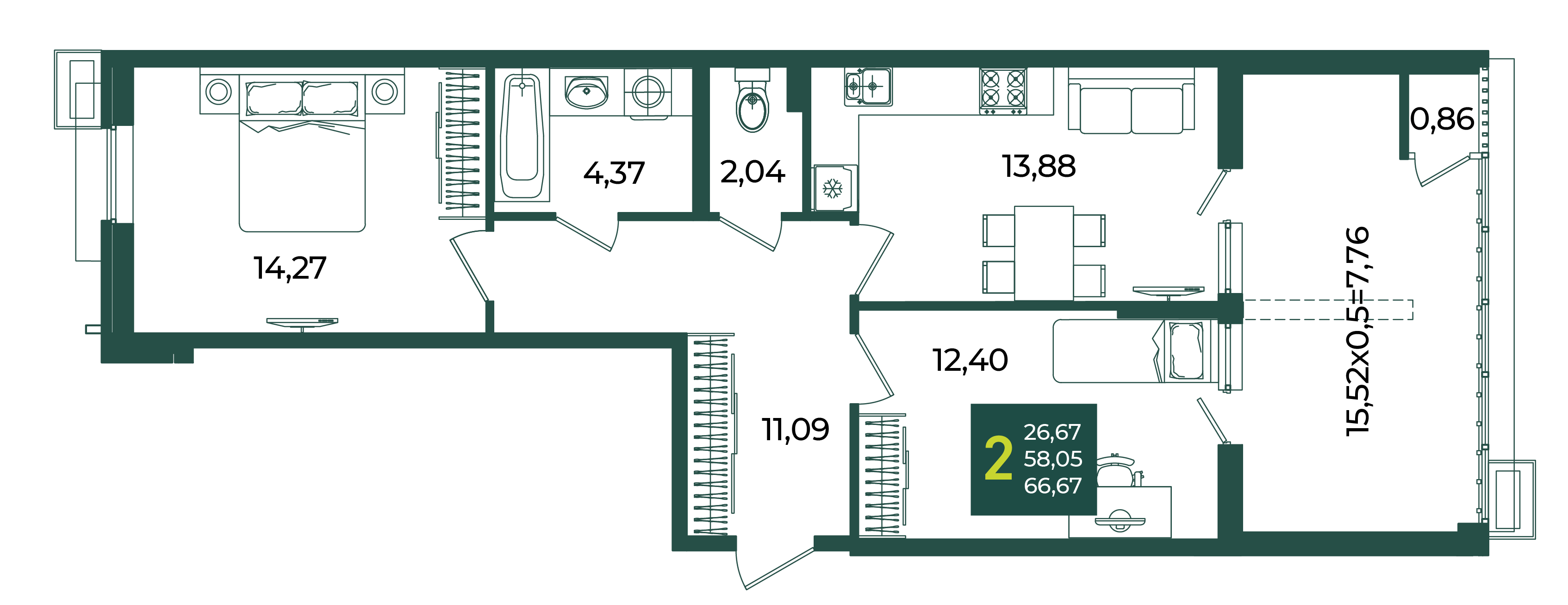2-комнатная 66 м2 в ЖК Образцово корпус null этаж 2