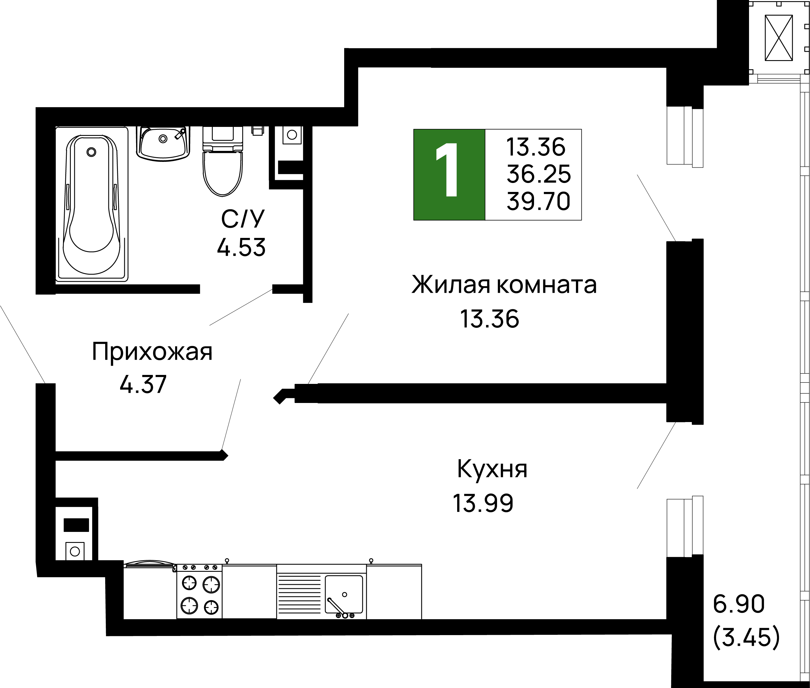 1-комнатная 39 м2 в ЖК Долина корпус null этаж 2