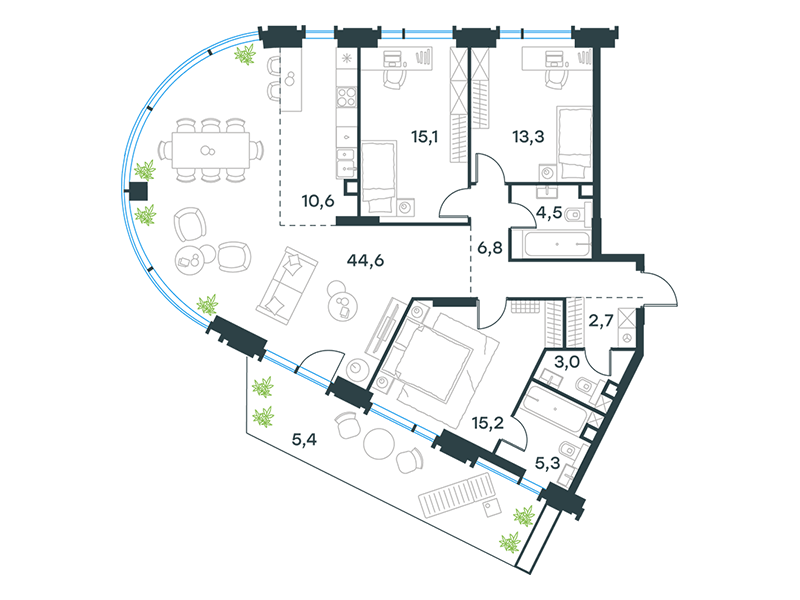 4-комнатная 127 м2 в ЖК Level Академическая корпус null этаж 2
