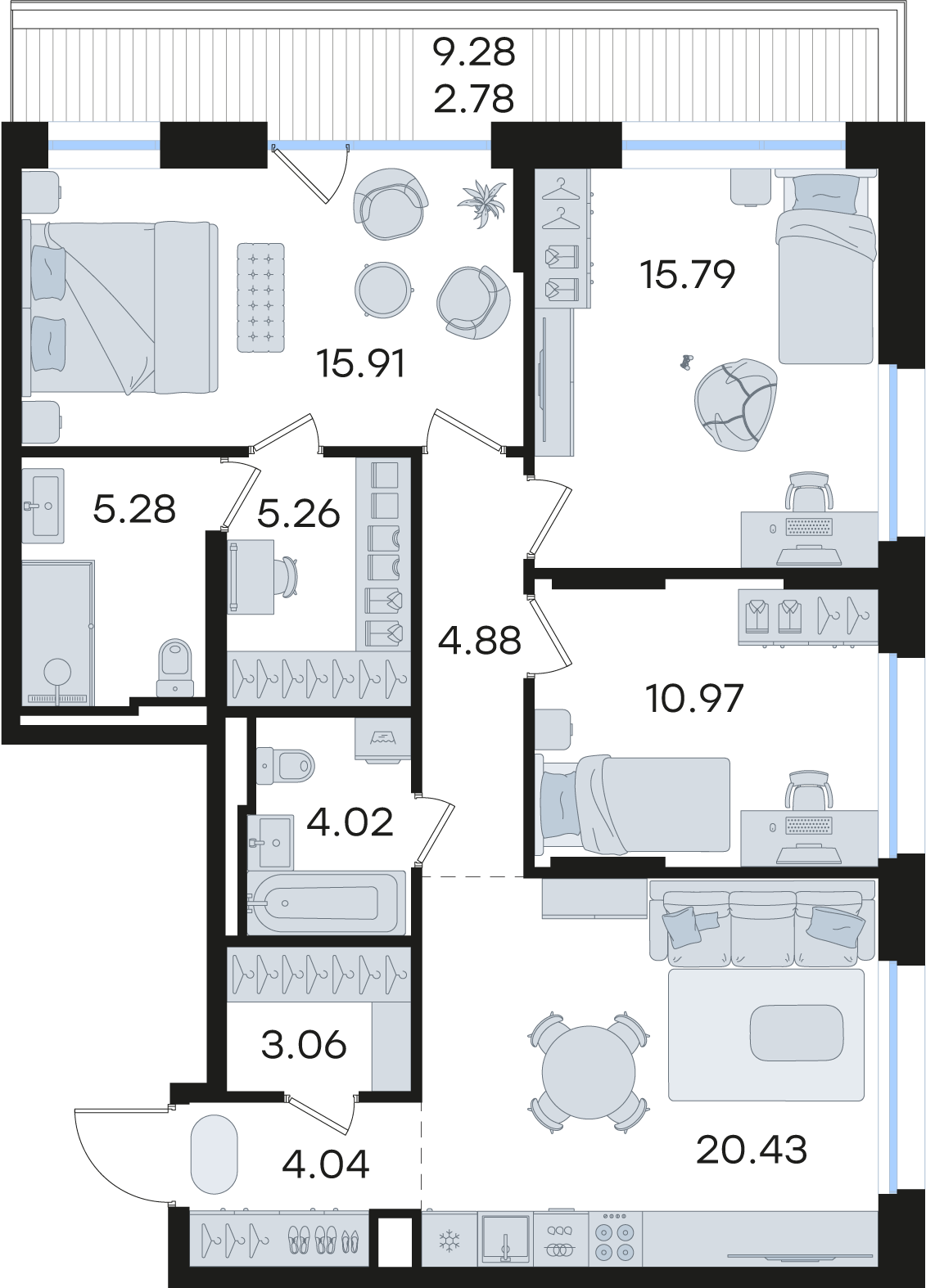 3-комнатная 92 м2 в ЖК GloraX Premium Гребной канал корпус null этаж 7