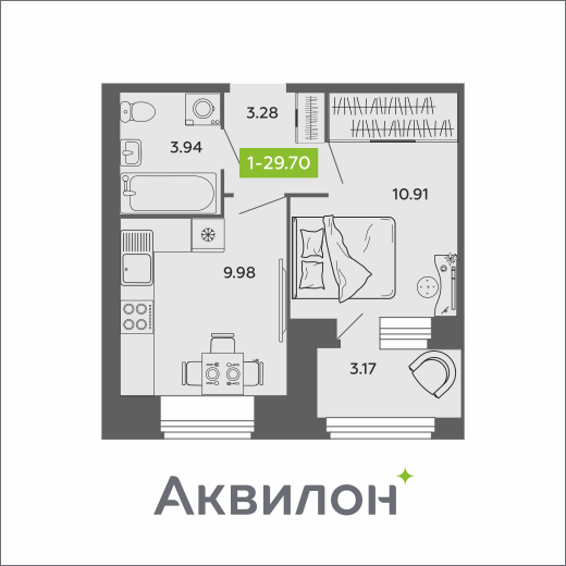 1-комнатная 29 м2 в ЖК Аквилон ROSA корпус null этаж 8