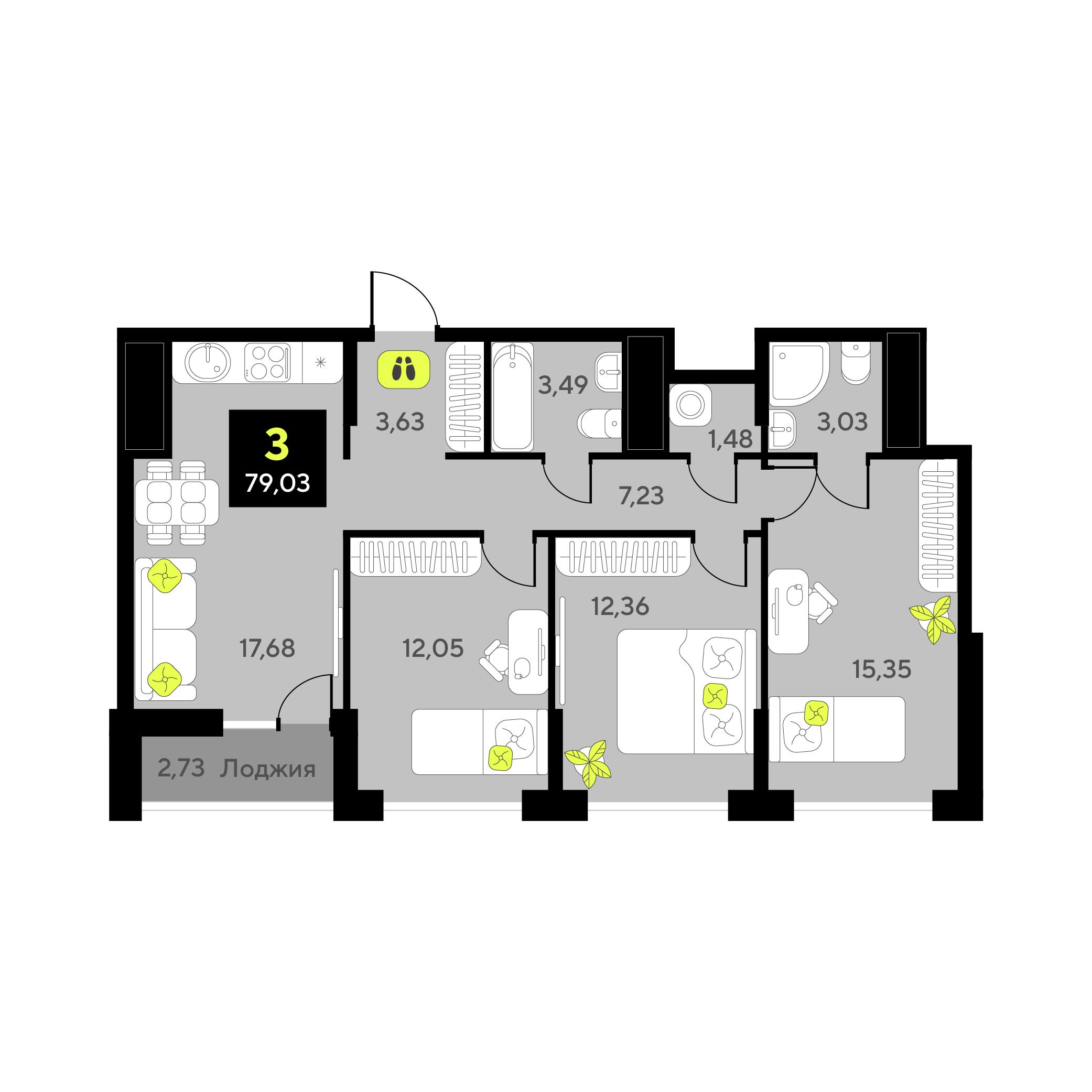 3-комнатная 79 м2 в ЖК Окинава корпус null этаж 19
