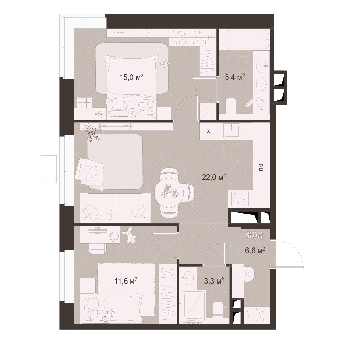 2-комнатная 63 м2 в ЖК Гранд Комфорт-3 корпус null этаж 3
