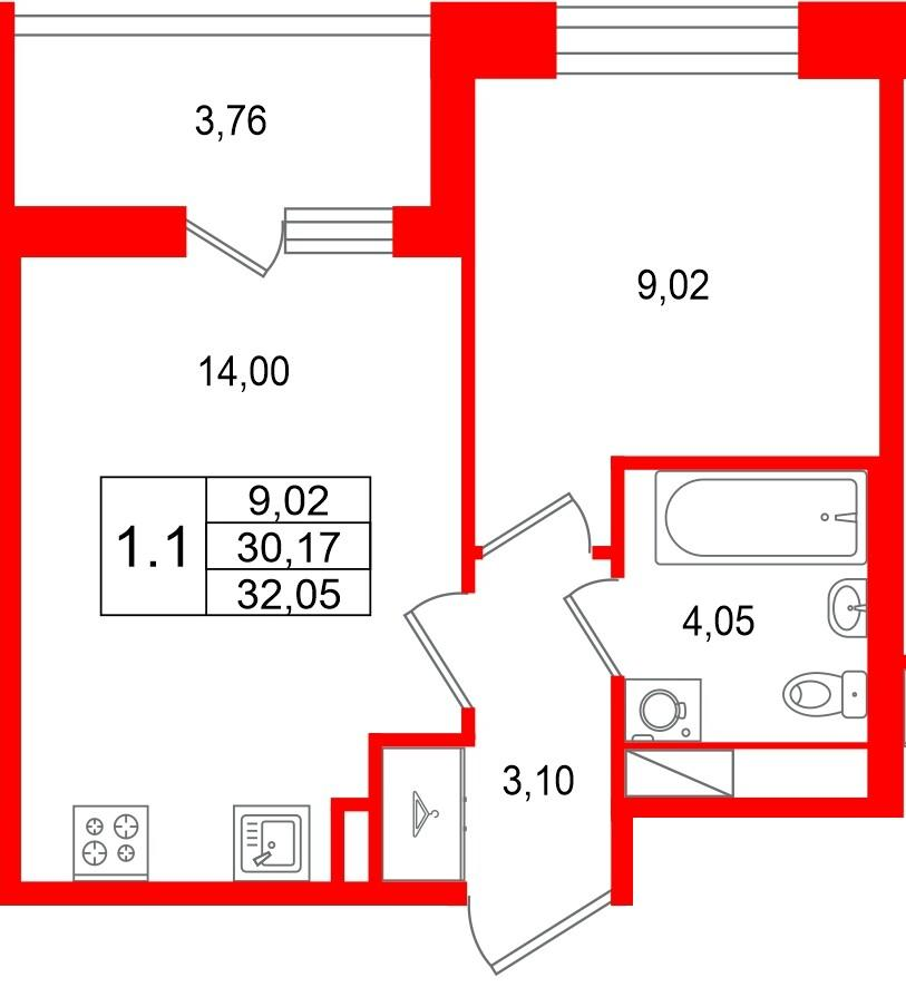 1-комнатная 30 м2 в ЖК Астра Континенталь корпус null этаж 10