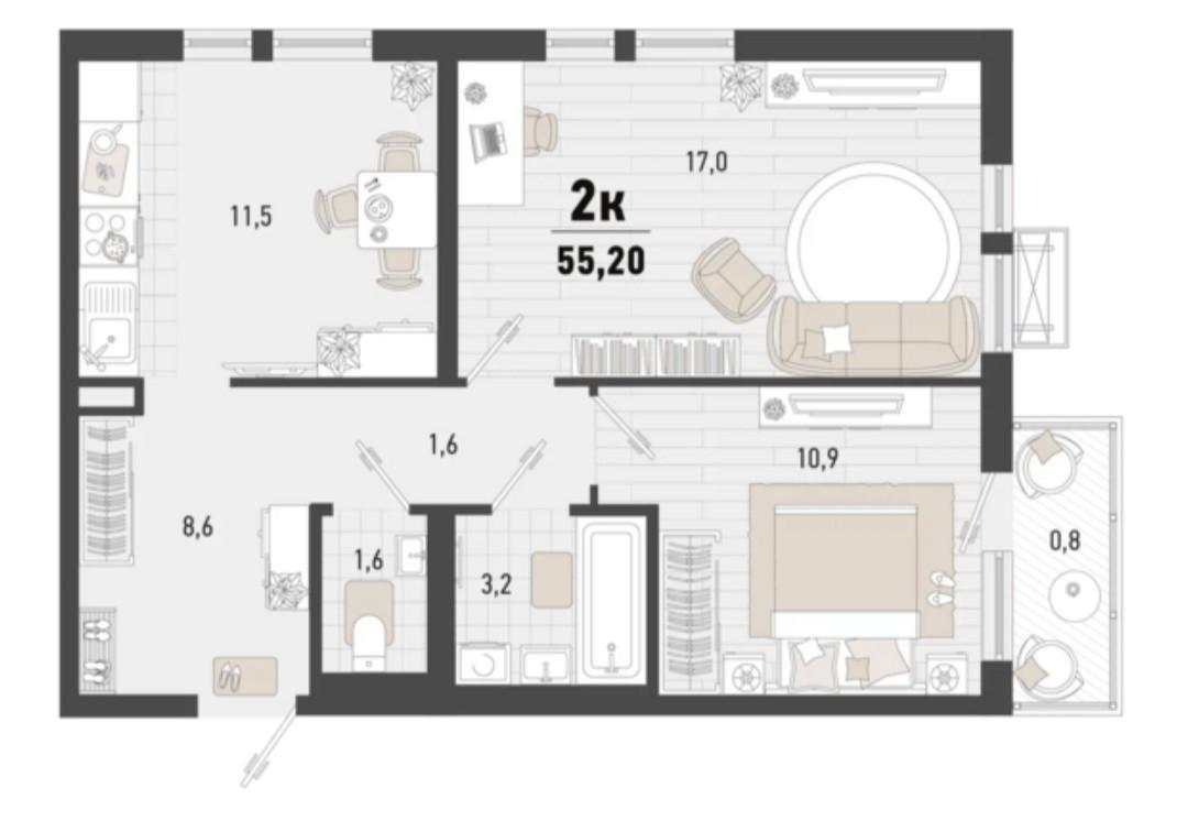 2-комнатная 55.2 м2 в ЖК undefined корпус null этаж 13