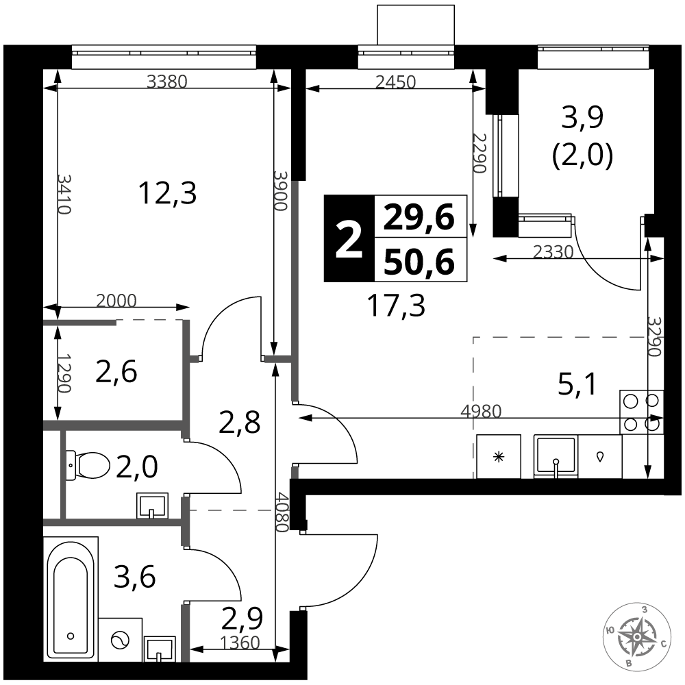 2-комнатная 50 м2 в ЖК 1-й Ясеневский корпус null этаж 6