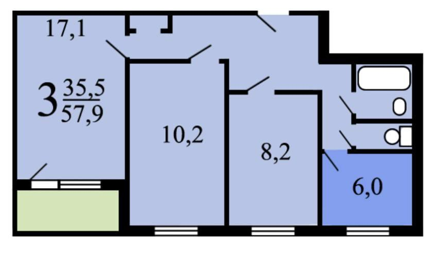 3-комнатная 55.6 м2 в ЖК undefined корпус null этаж 4