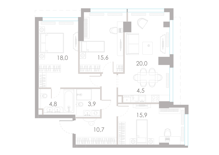 4-комнатная 93 м2 в ЖК River Park Towers Кутузовский корпус null этаж 7
