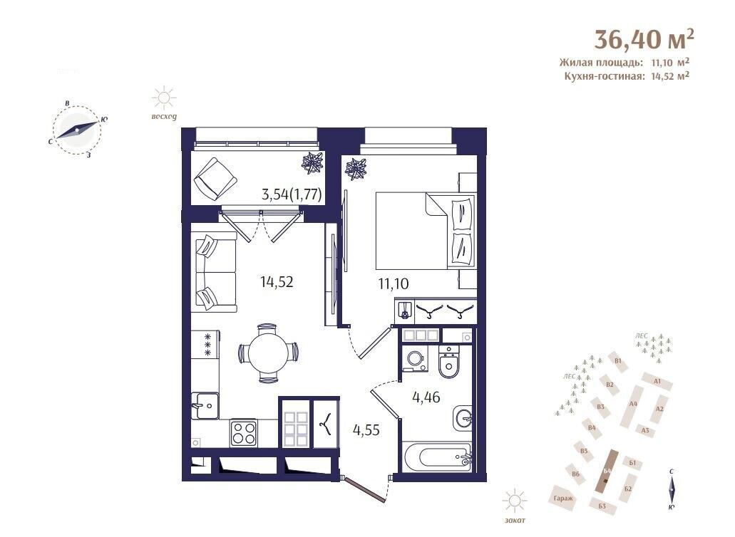 1-комнатная 36 м2 в ЖК Ranta Residence корпус null этаж 3