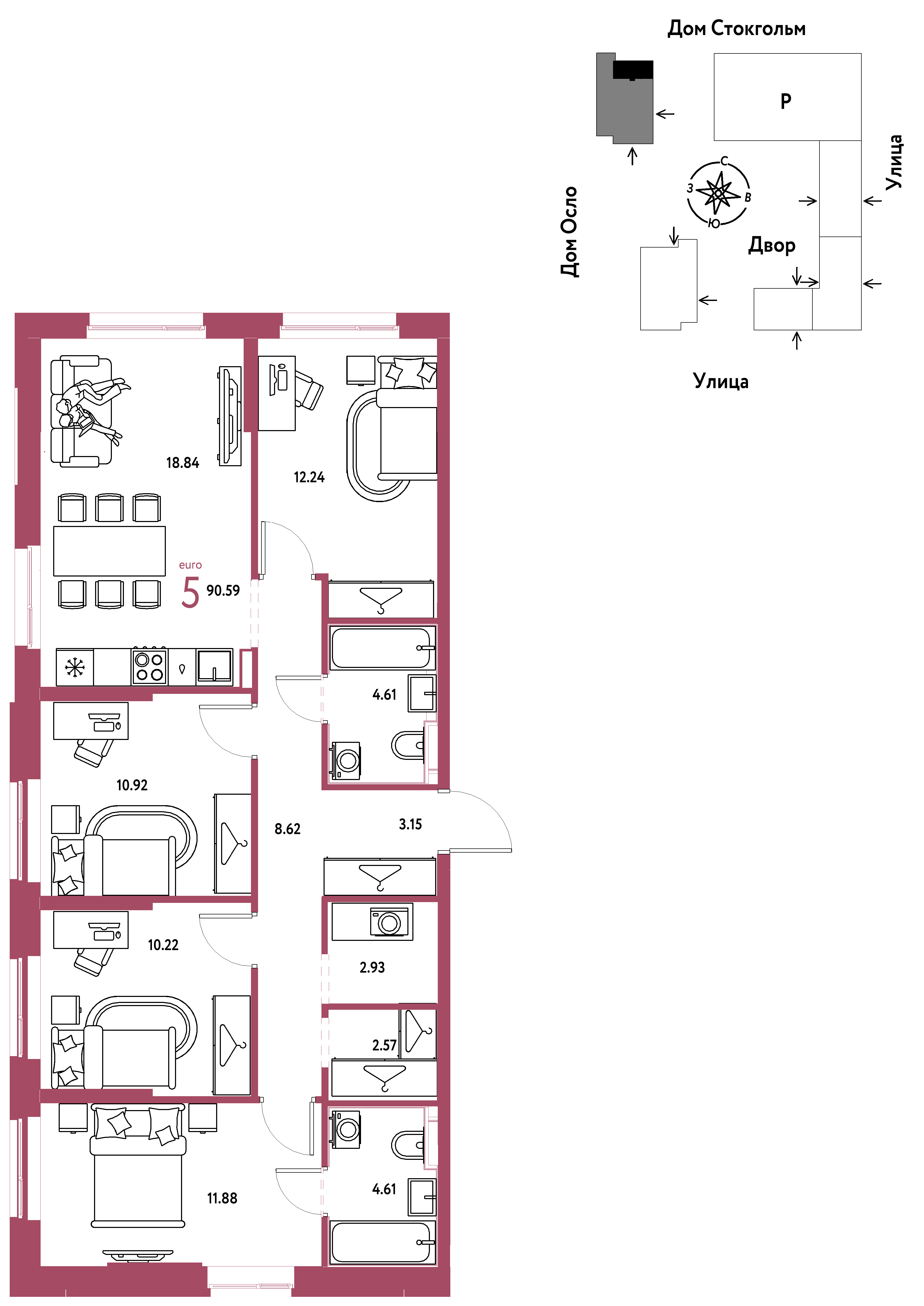 5-комнатная 90 м2 в ЖК Европейский берег 2.0 корпус null этаж 23