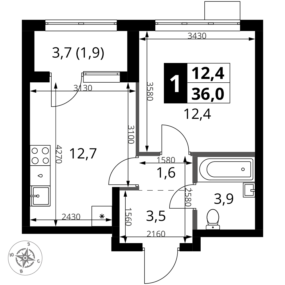 1-комнатная 36 м2 в ЖК 1-й Ясеневский корпус null этаж 4