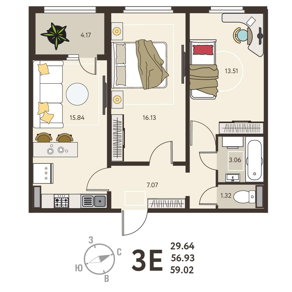 2-комнатная 59 м2 в ЖК undefined корпус null этаж 13