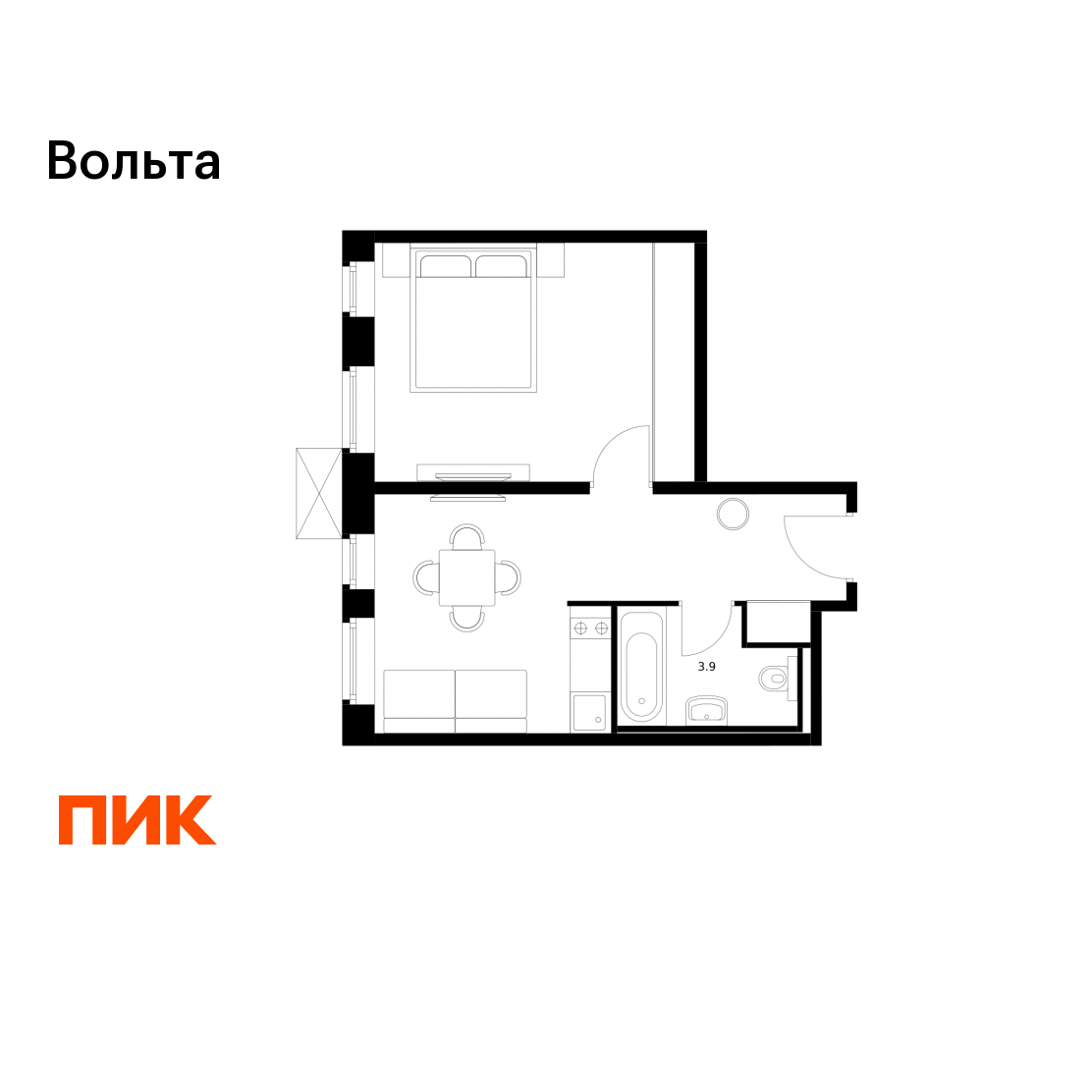 1-комнатная 36 м2 в ЖК Вольта корпус null этаж 8
