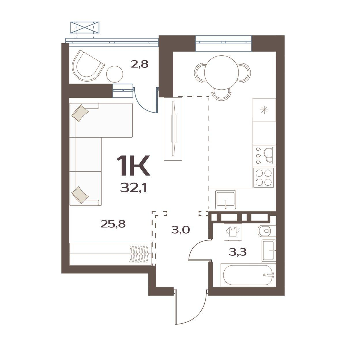 1-комнатная 32 м2 в ЖК Меридианы Улисса корпус null этаж 2