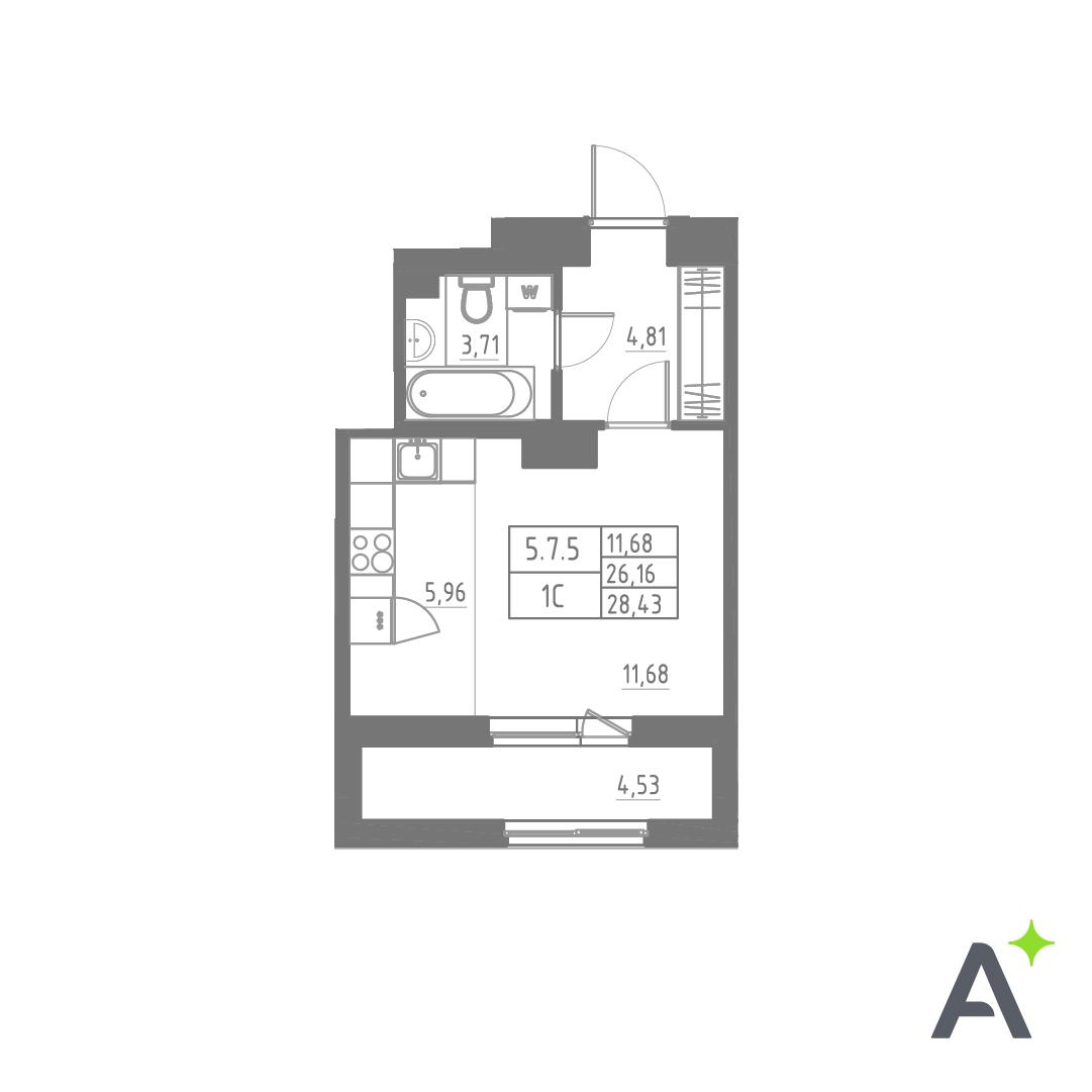 Студия 28 м2 в ЖК Аквилон SOLAR корпус null этаж 9