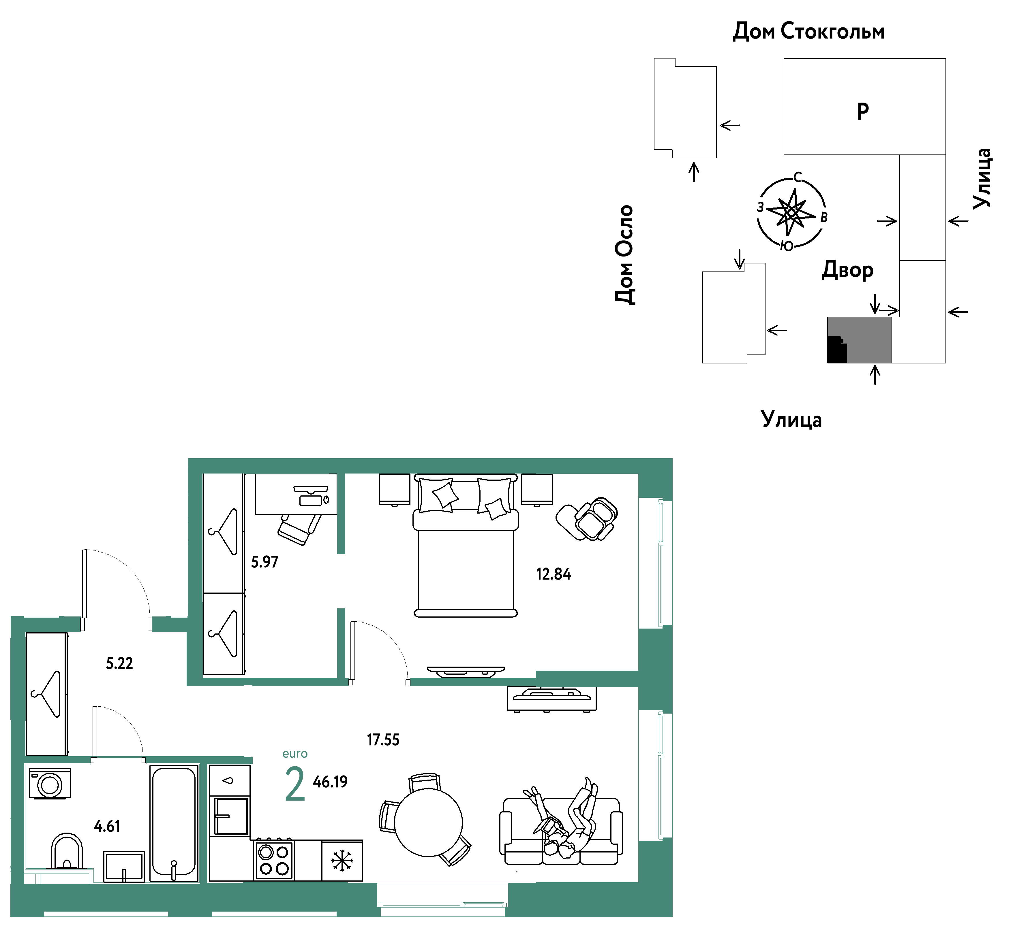 2-комнатная 46 м2 в ЖК Европейский берег 2.0 корпус null этаж 3