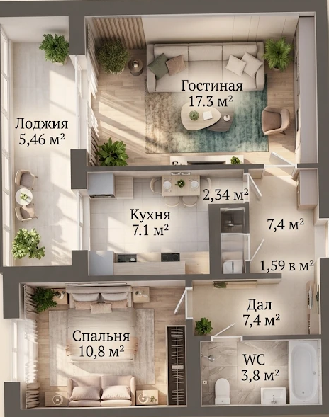 2-комнатная 47 м2 в ЖК undefined корпус null этаж 1