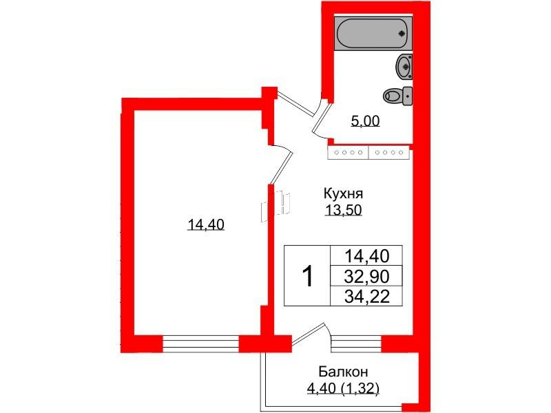1-комнатная 34 м2 в ЖК Теодор Кроне корпус null этаж 2