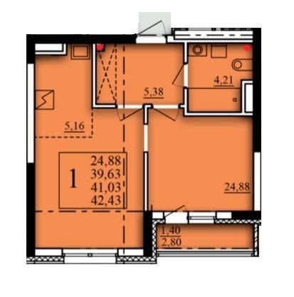 1-комнатная 41 м2 в ЖК Паруса корпус null этаж 14