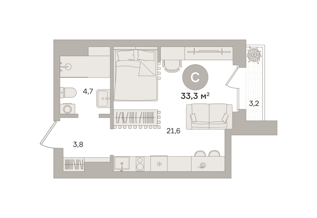 Студия 33 м2 в ЖК Квартал МОНС корпус null этаж 8