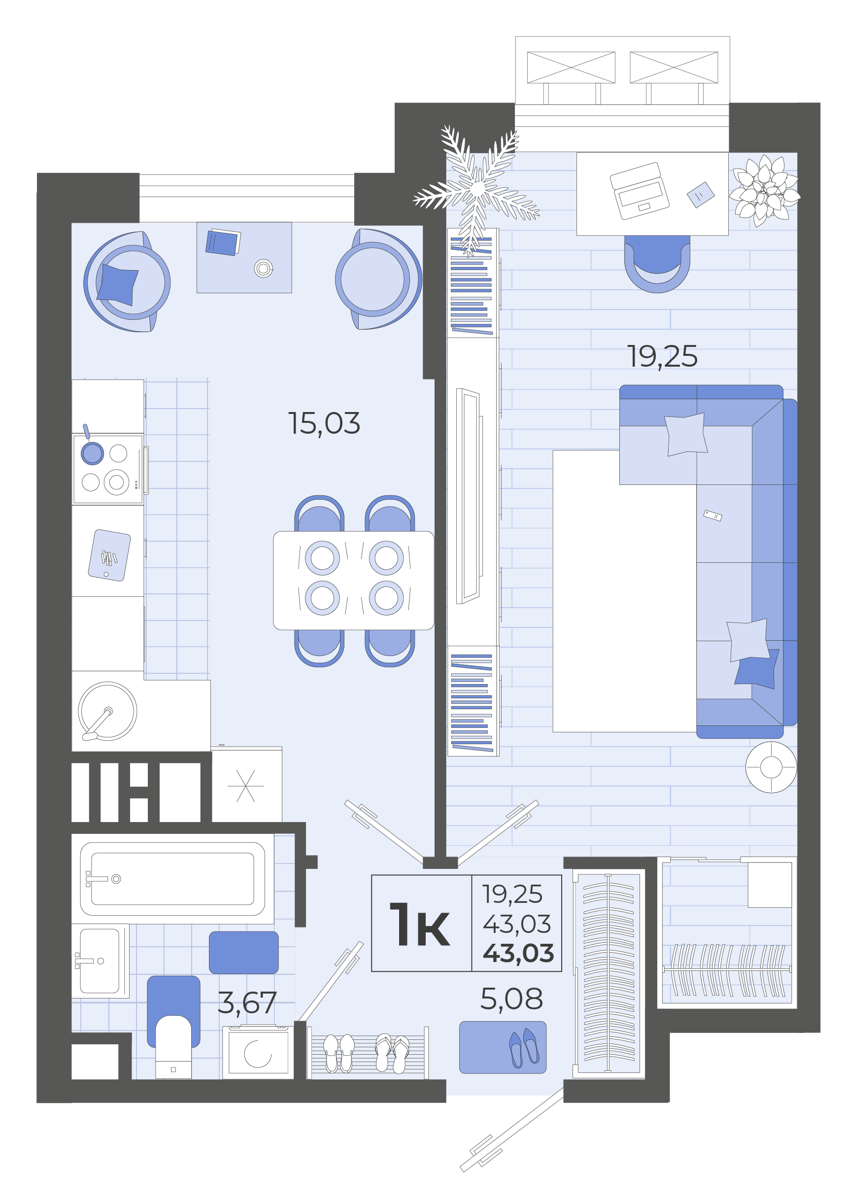 1-комнатная 43 м2 в ЖК Высочество корпус null этаж 12