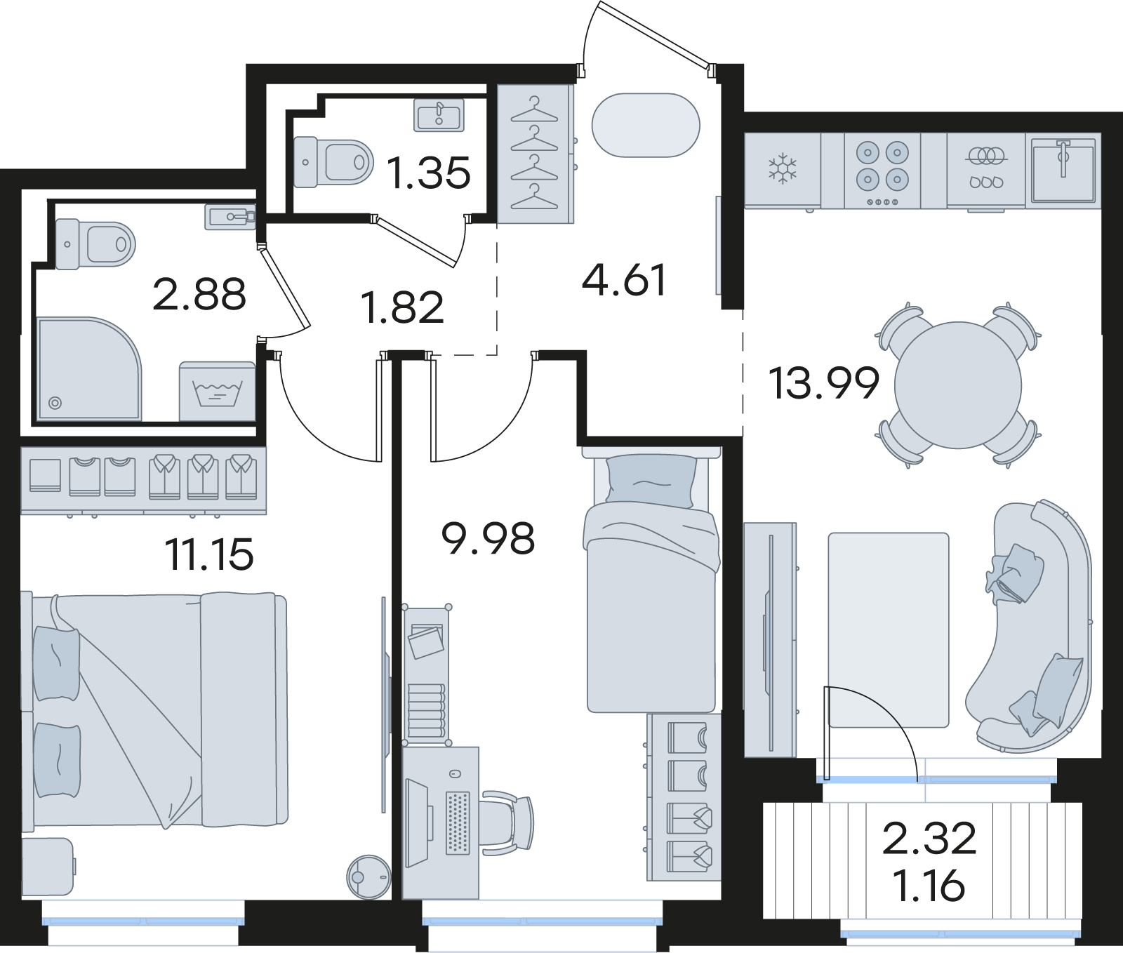 2-комнатная 46 м2 в ЖК Новинки корпус null этаж 7