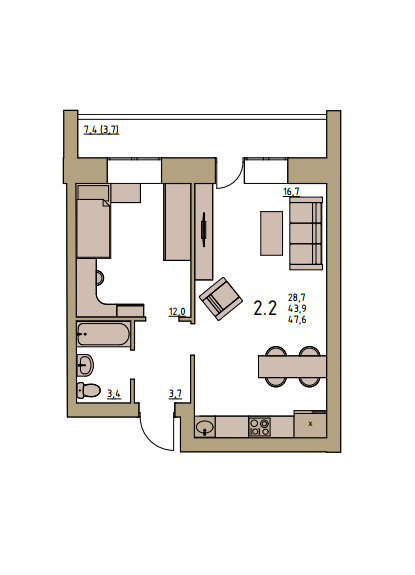 2-комнатная 47.6 м2 в ЖК undefined корпус null этаж 3
