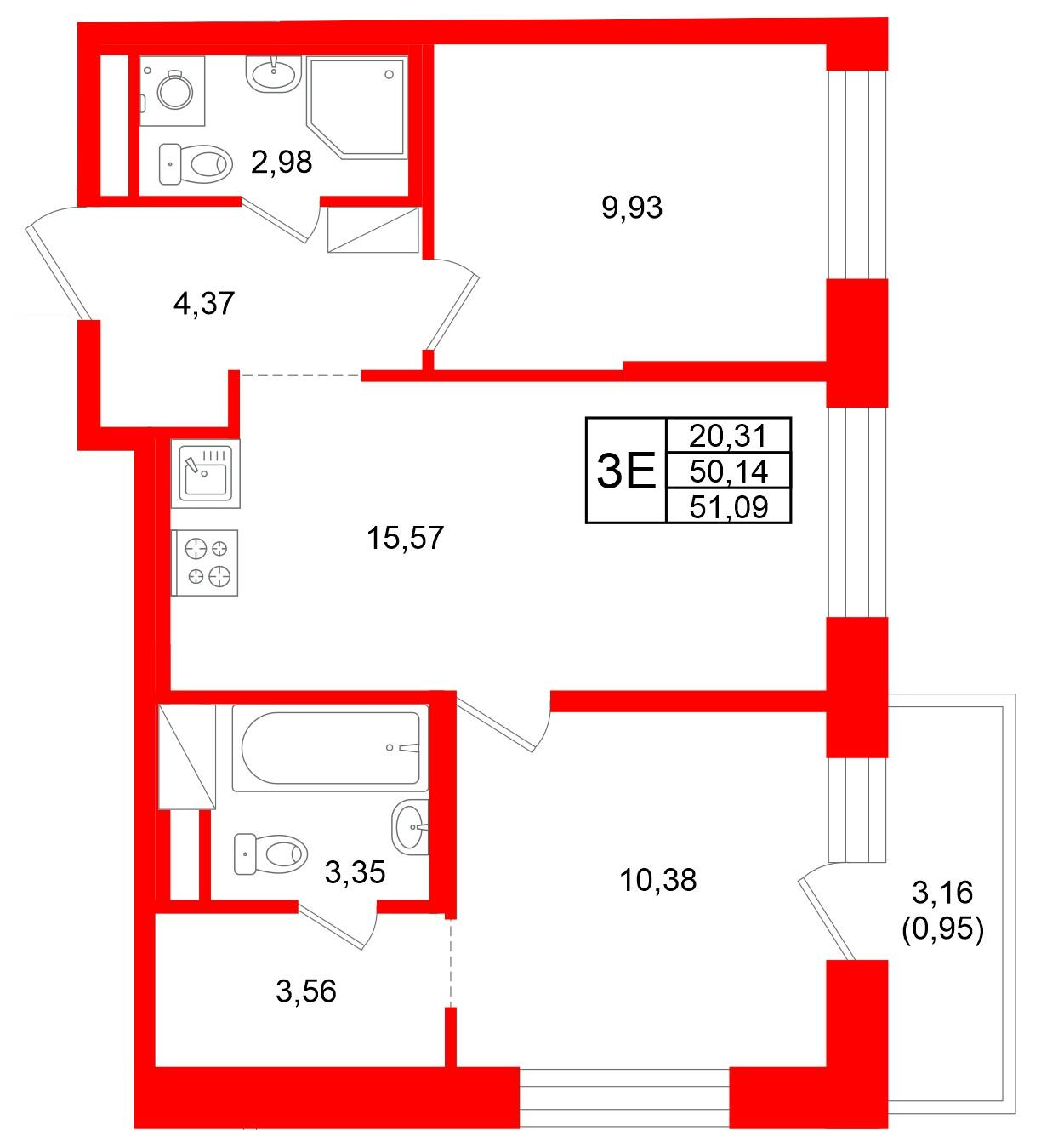 2-комнатная 51 м2 в ЖК Юнтолово корпус null этаж 4