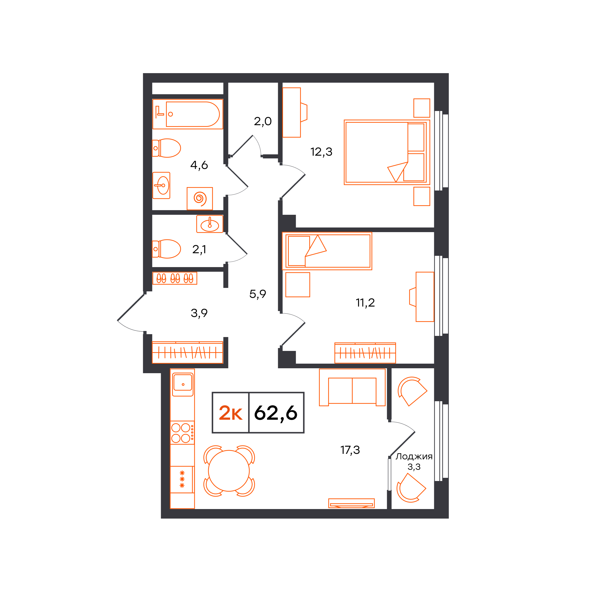 2-комнатная 62 м2 в ЖК Отличие корпус null этаж 15