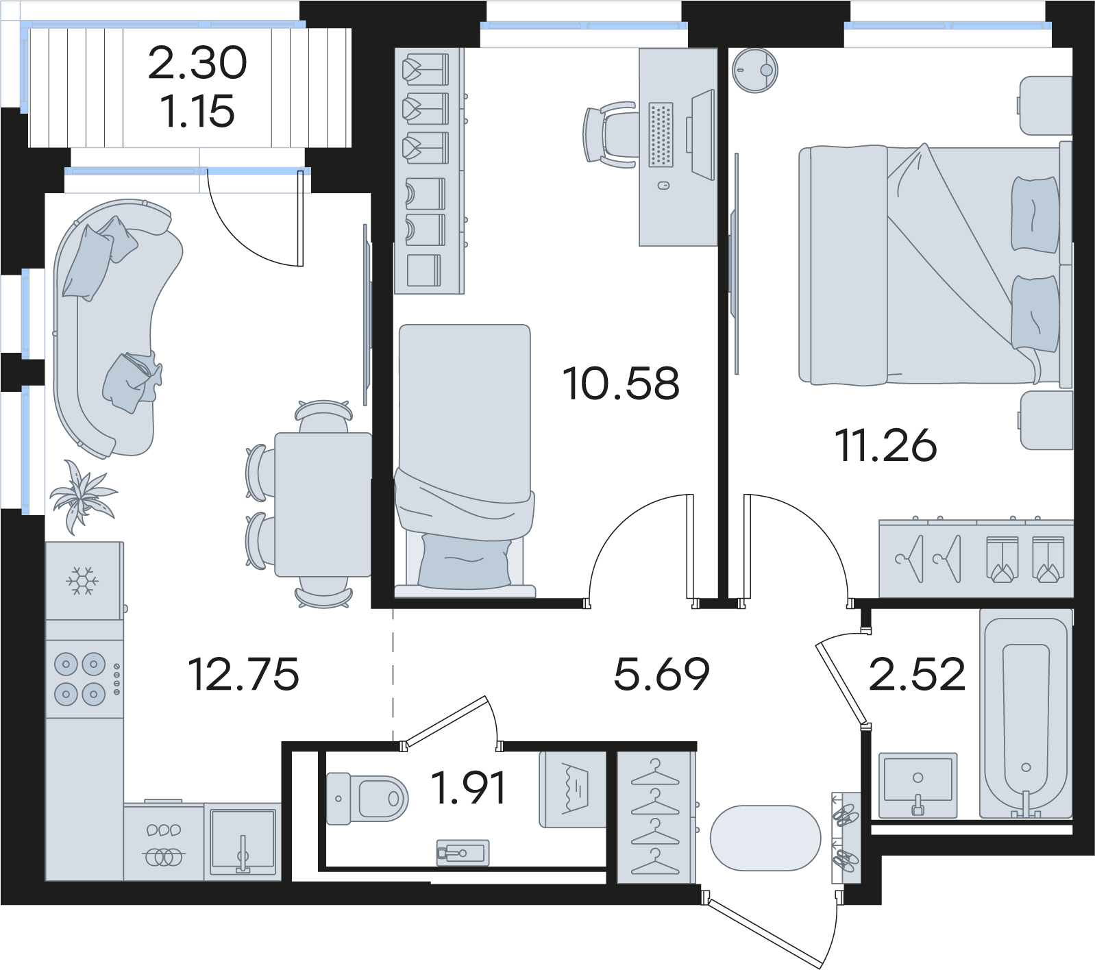 2-комнатная 45 м2 в ЖК Новинки корпус null этаж 7