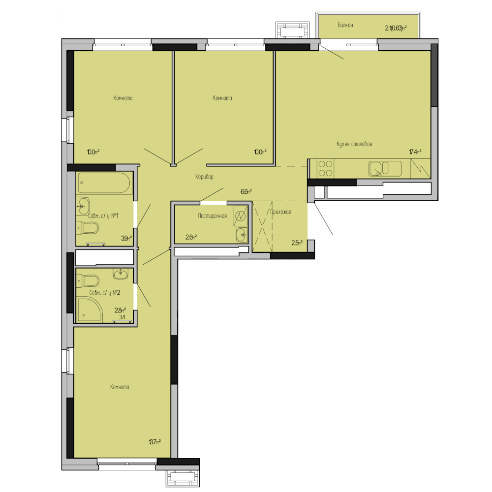 3-комнатная 70 м2 в ЖК А14 корпус null этаж 14