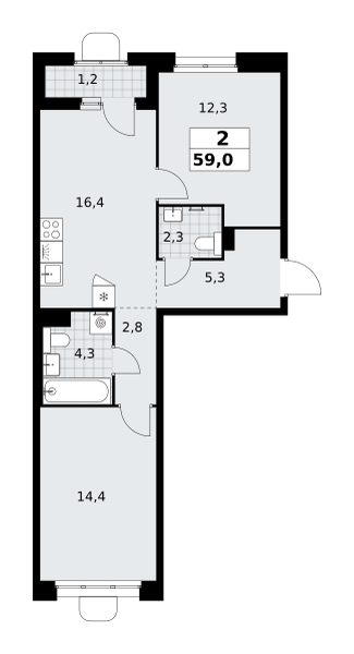 2-комнатная 59 м2 в ЖК Прокшино корпус null этаж 5
