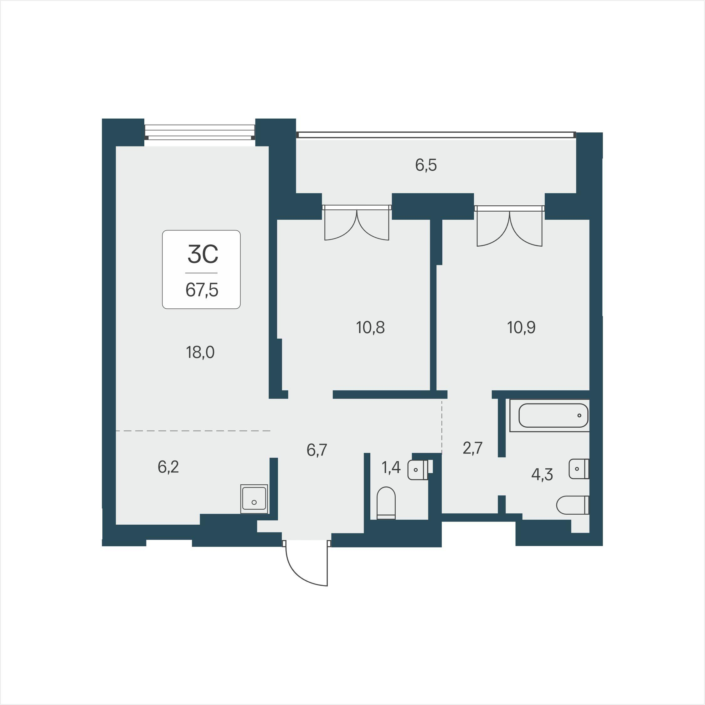 3-комнатная 67 м2 в ЖК Расцветай на Кропоткина корпус null этаж 11