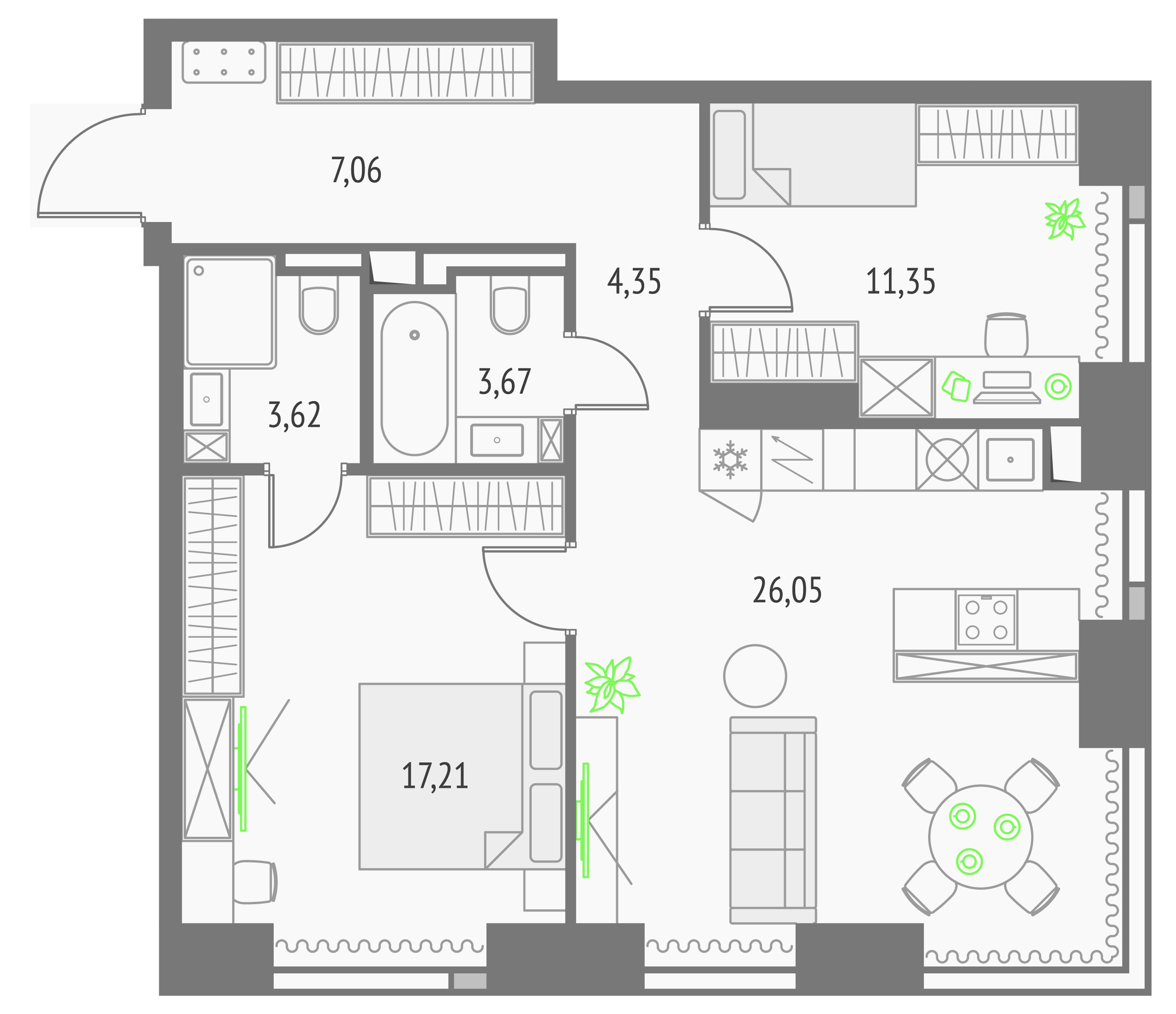2-комнатная 73 м2 в ЖК Upside Towers корпус null этаж 40