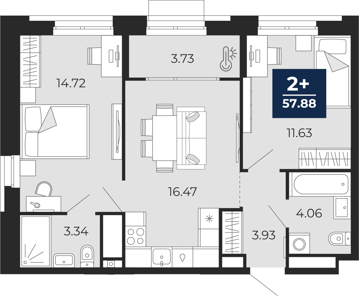 2-комнатная 57 м2 в ЖК Мириады корпус null этаж 5