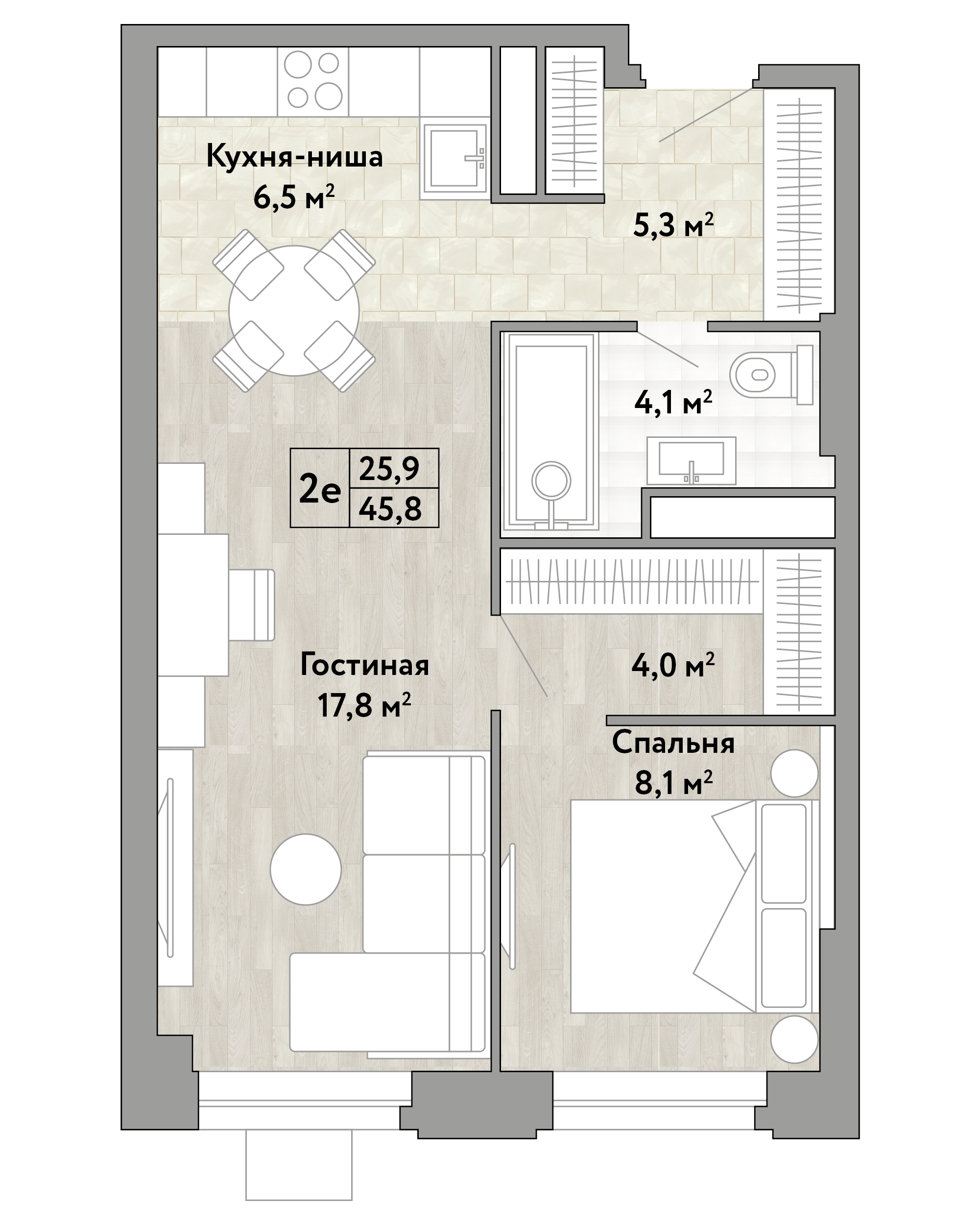 1-комнатная 45 м2 в ЖК Новые Смыслы корпус null этаж 4