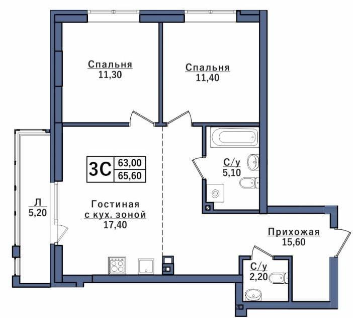 3-комнатная 66 м2 в ЖК undefined корпус null этаж 1