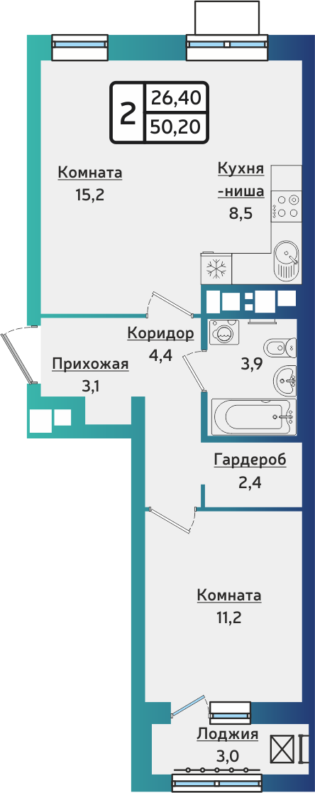2-комнатная 50 м2 в ЖК ARTNOVA корпус null этаж 3