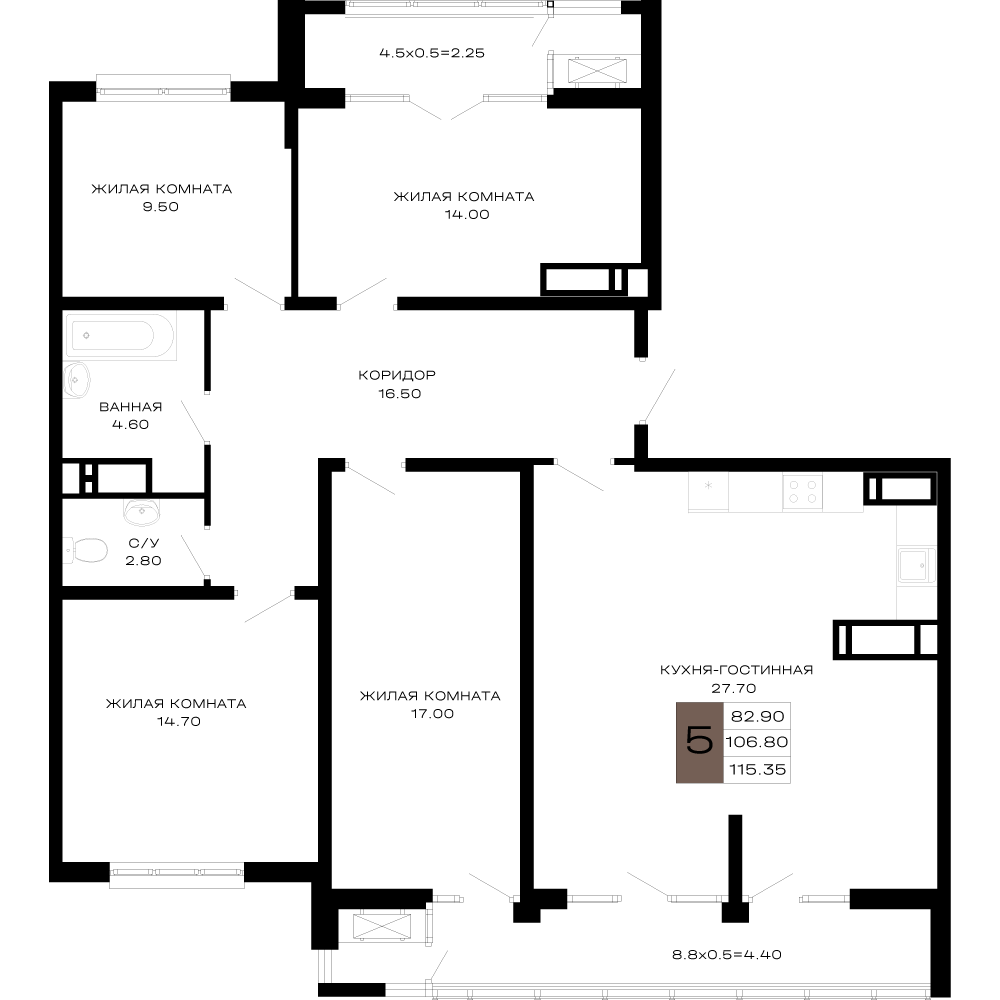 5-комнатная 115 м2 в ЖК Сердце корпус null этаж 21