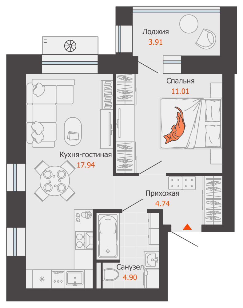 2-комнатная 41 м2 в ЖК Зарядное корпус null этаж 6
