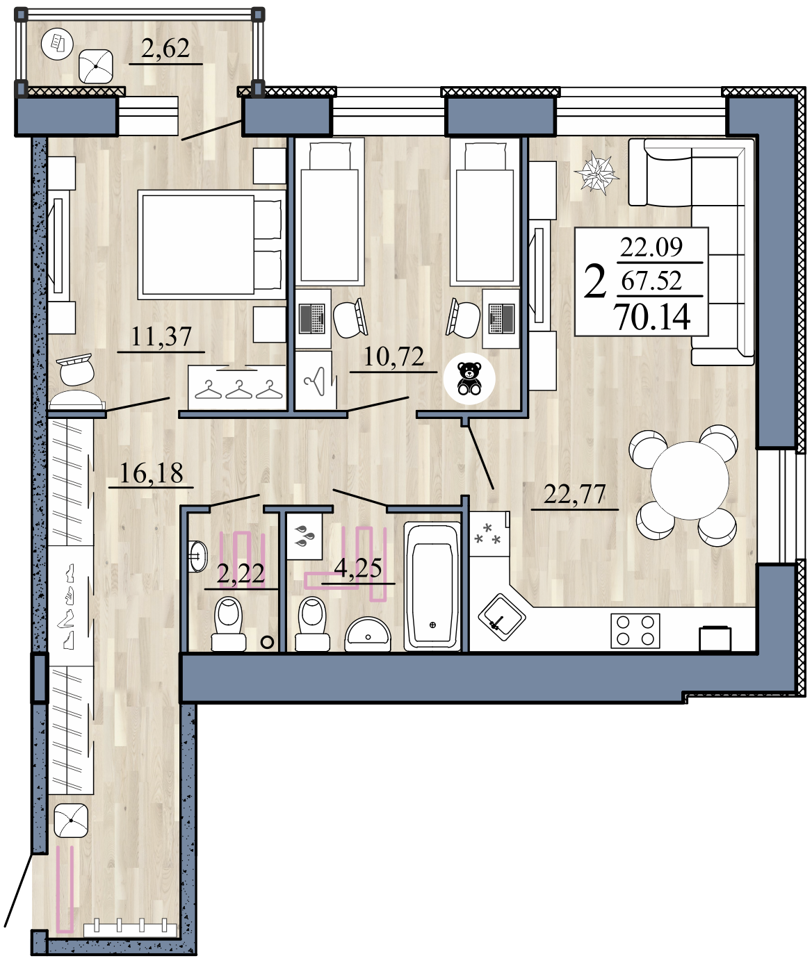 2-комнатная 70 м2 в ЖК Стрижи корпус null этаж 8