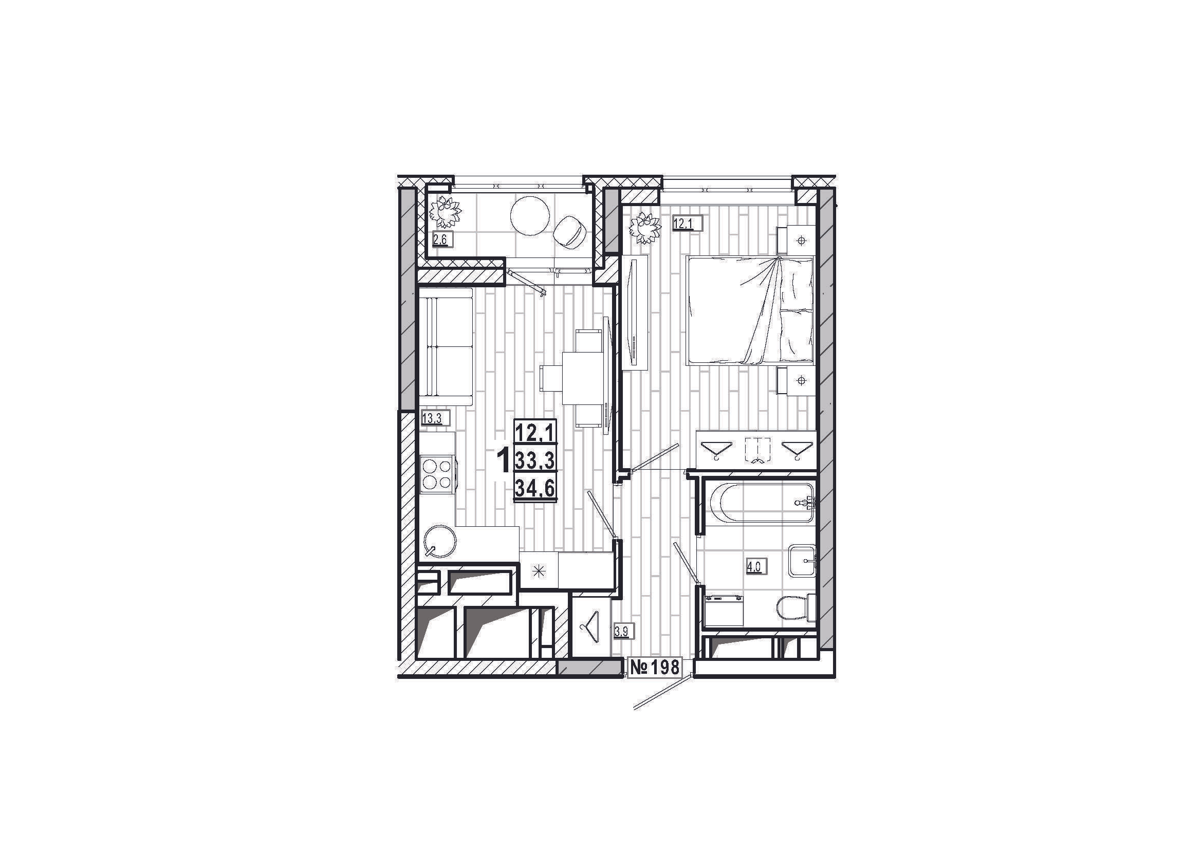 1-комнатная 34 м2 в ЖК Дом на Маяковского корпус null этаж 7