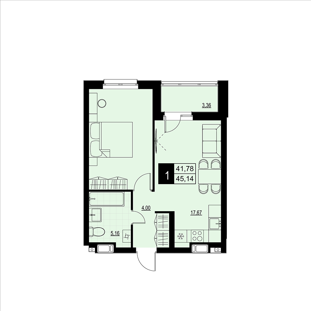 1-комнатная 43 м2 в ЖК Макрорайон Амград корпус null этаж 2